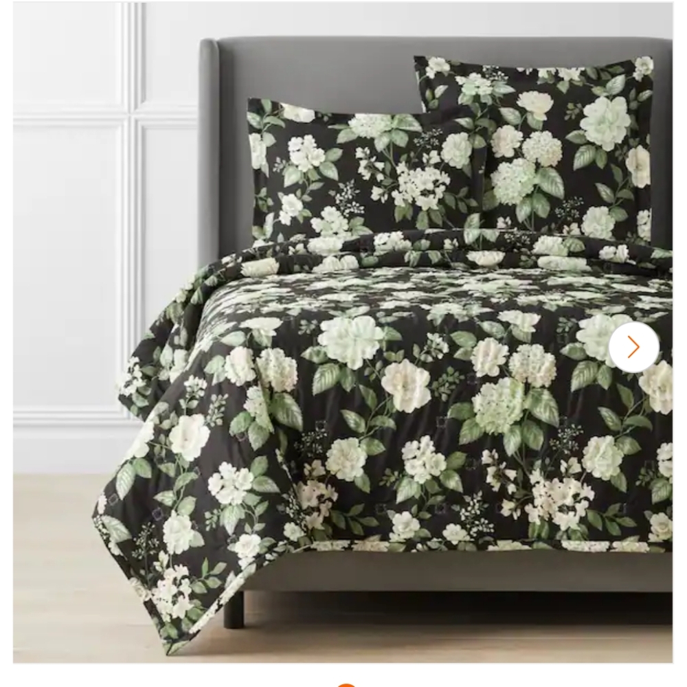 Vintage Black Floral Comforter Set with Cream and Green Blooms